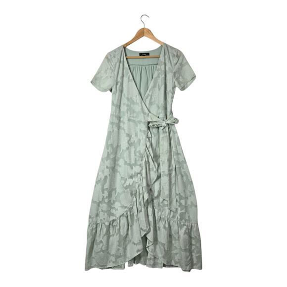 Lulu's Jacquard Short Sleeve Wrap Midi Dress S Blissfully Sage Green Ruffle - Picture 2 of 12